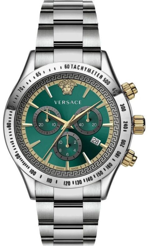Versace Classic Chronograph Quartz Green Dial Silver Steel Strap Watch For Men - VEV700721 Authentic Buy Shop Now