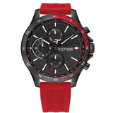 Tommy Hilfiger Multifunction Quartz Black Dial Red Rubber Strap Watch for Men - 1791722 Authentic Buy Shop Now