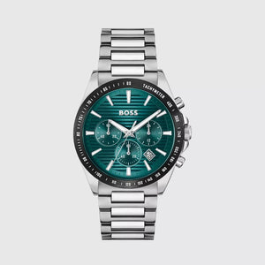 Hugo Boss Strike Chronograph Green Dial Silver Steel Strap Watch for Men - 1514241 Authentic Buy Shop Now