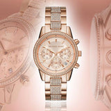Michael Kors Ritz Chronograph Rose Gold Dial Rose Gold Steel Strap Watch For Women - MK6485 Authentic Buy Shop Now