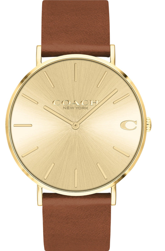 Coach Charles Gold Dial Brown Leather Strap Watch for Women - 14602433 Authentic Buy Shop Now