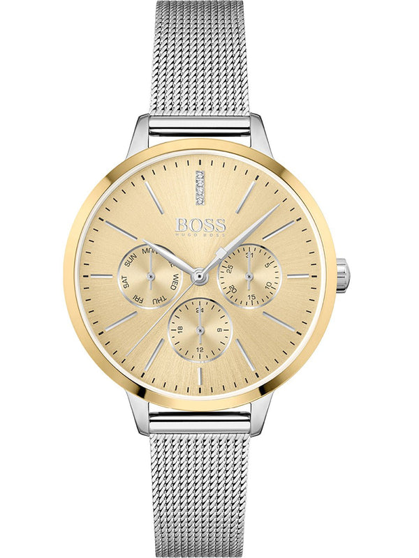 Hugo Boss Symphony Gold Dial Silver Mesh Bracelet Watch for Women - 1502600 Authentic Buy Shop Now
