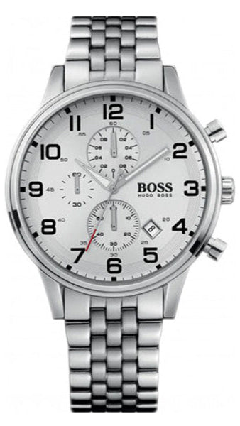 Hugo Boss Aeroliner Chronograph White Dial Silver Steel Strap Watch For Men - 1512445 Authentic Buy Shop Now