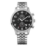 Hugo Boss Aeroliner Chronograph Black Dial Silver Steel Strap Watch For Men - 1512446 Authentic Buy Shop Now