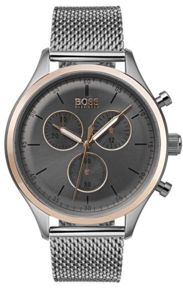 Hugo Boss Companion Chronograph Grey Dial Silver Mesh Bracelet Watch For Men - 1513549 Authentic Buy Shop Now