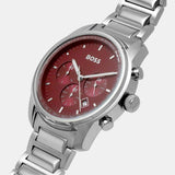Hugo Boss Trace Chronograph Red Dial Silver Steel Strap Watch For Men - 1514004 Authentic Buy Shop Now