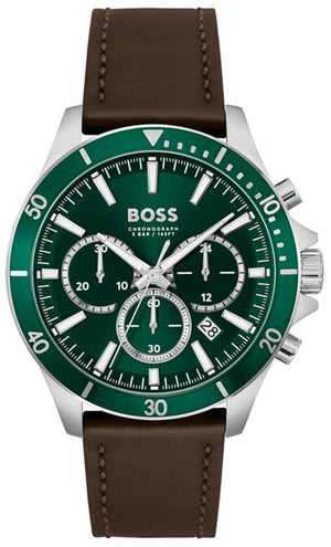 Hugo Boss Troper Chronograph Green Dial Brown Leather Strap Watch For Men - 1514098 Authentic Buy Shop Now