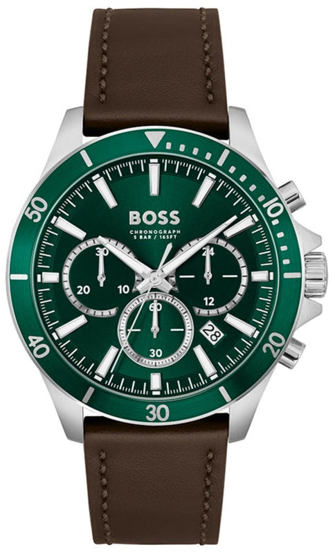 Hugo Boss Troper Chronograph Green Dial Brown Leather Strap Watch For Men - 1514098 Authentic Buy Shop Now