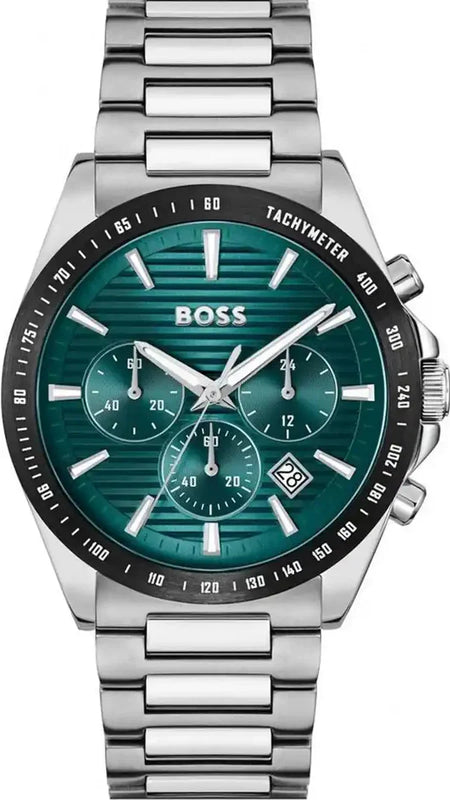 Hugo Boss Strike Chronograph Green Dial Silver Steel Strap Watch for Men - 1514241 Authentic Buy Shop Now