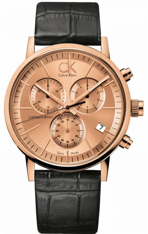 Calvin Klein Post Minimal Chronograph Rose Gold Dial Black Leather Strap Watch for Men - K7627201 Authentic Buy Shop Now