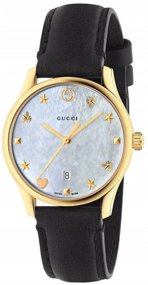 Gucci G-Timeless Mother of Pearl Dial Black Leather Strap Watch For Women - YA1264044 Authentic Buy Shop Now