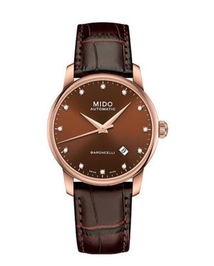 Mido Baroncelli III Automatic Diamonds Brown Dial Brown Leather Strap Watch For Women - M7600.3.64.8 Authentic Buy Shop Now