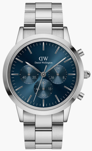 Daniel Wellington Iconic Chronograph Link Blue Dial Silver Steel Strap Watch For Men - DW00100644 Authentic Buy Shop Now