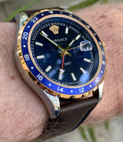 Versace Hellenyium GMT Blue Dial Brown Leather Strap Watch for Men - V11080017 Authentic Buy Shop Now