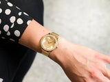 Guess Tri Glitz Quartz Diamonds Gold Dial Gold Mesh Bracelet Watch For Women - W1142L2 Authentic Buy Shop Now