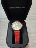 Emporio Armani Gianni T Bar Silver Dial Red Leather Strap Watch For Women - AR1876 Authentic Buy Shop Now