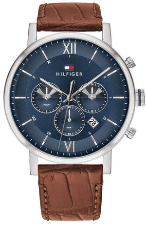 Tommy Hilfiger Evan Chronograph Blue Dial Brown Leather Strap Watch for Men - 1710393 Authentic Buy Shop Now
