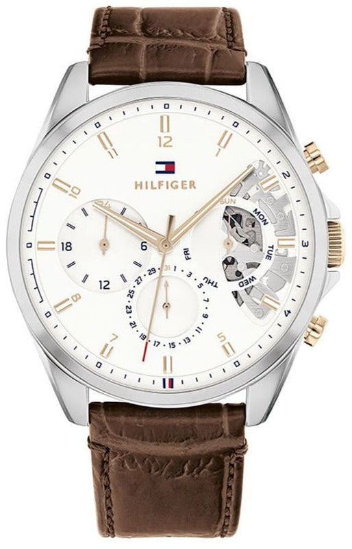 Tommy Hilfiger Baker Chronograph White Dial Brown Leather Strap Watch For Men - 1710450 Authentic Buy Shop Now