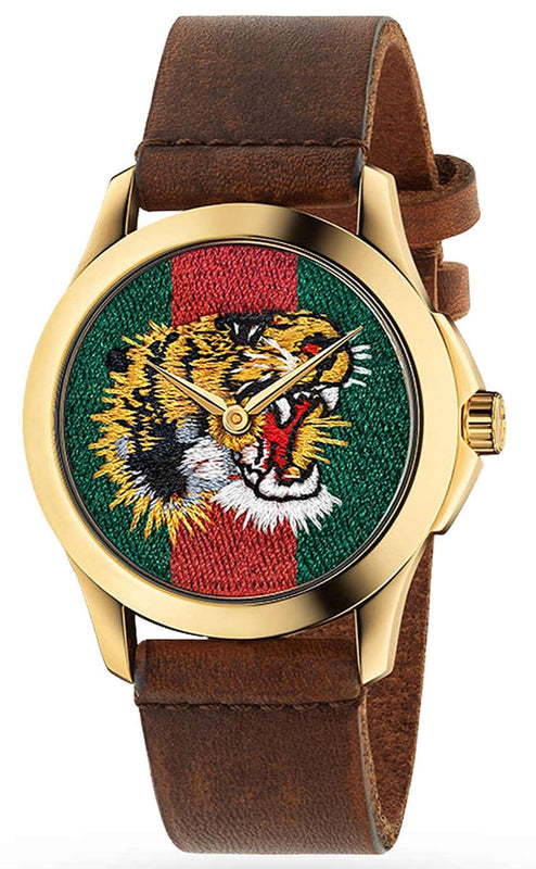 Gucci Le Marche Des Merveilles Red & Green Dial Brown Leather Strap Unisex Watch - YA126497 Authentic Buy Shop Now