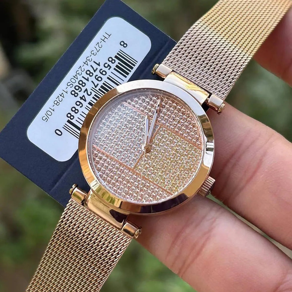 Tommy Hilfiger Lynn Crystals Rose Gold Dial Rose Gold Mesh Strap Watch For Women - 1781868 Authentic Buy Shop Now