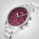 Hugo Boss Trace Chronograph Red Dial Silver Steel Strap Watch For Men - 1514004 Authentic Buy Shop Now