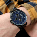 Tommy Hilfiger Shawn Multifunction Quartz Blue Dial Black Leather Strap Watch for Men - 1791616 Authentic Buy Shop Now