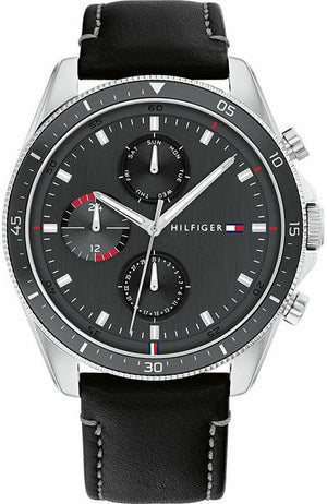 Tommy Hilfiger Parker Chronograph Quartz Grey Dial Black Leather Strap Watch For Men - 1791838 Authentic Buy Shop Now