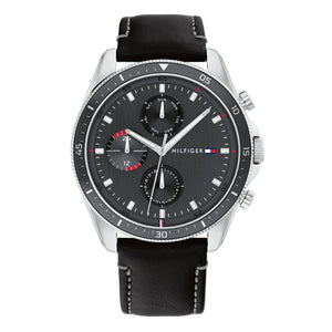Tommy Hilfiger Parker Chronograph Quartz Grey Dial Black Leather Strap Watch For Men - 1791838 Authentic Buy Shop Now