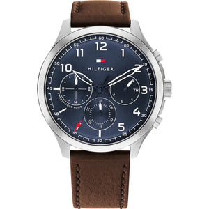 Tommy Hilfiger Asher Chrongraph Blue Dial Brown Leather Strap Watch For Men - 1791855 Authentic Buy Shop Now