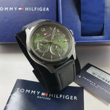 Tommy Hilfiger Asher Chronograph Green Dial Black Leather Strap Watch For Men - 1791856 Authentic Buy Shop Now