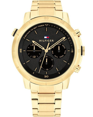 Tommy Hilfiger Troy Chronograph Black Dial Gold Steel Strap Watch For Men - 1792109 Authentic Buy Shop Now