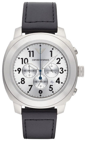 Emporio Armani Sportivo Chronograph Silver Dial Black Leather Strap Watch For Men - AR6054 Authentic Buy Shop Now