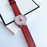 Gucci G Timeless Quartz Diamonds Pink Dial Red Leather Strap Watch For Women - YA1265017 Authentic Buy Shop Now