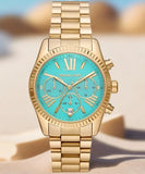 Michael Kors Lexington Chronograph Blue Dial Gold Steel Strap Watch For Women - MK7216 Authentic Buy Shop Now