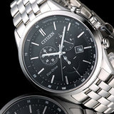 Citizen Eco Drive Chronograph Black Dial Silver Steel Strap Watch For Men - AT2140-55E Authentic Buy Shop Now
