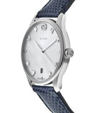Gucci G-Timeless Signature Mother of Pearl Silver Dial Blue Leather Strap Watch For Women - YA1264049 Authentic Buy Shop Now