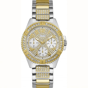 Guess Frontier Chronograph Crystals Gold Dial Two Tone Steel Strap Watch For Women - W1156L5 Authentic Buy Shop Now