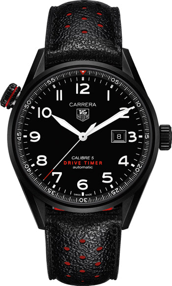 Tag Heuer Carrera Calibre 5 Drive Timer Black Dial Black Leather Strap Watch for Men - WAR2A80.FC6337 Authentic Buy Shop Now