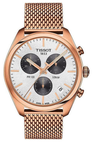 Tissot T Classic PR 100 Chronograph Silver Dial Rose Gold Mesh Bracelet Watch For Men - T101.417.33.031.01 Authentic Buy Shop Now