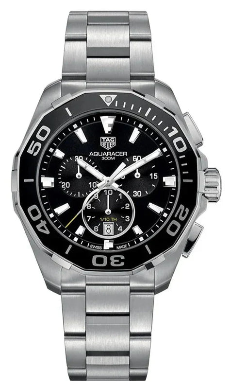Tag Heuer Aquaracer Quartz Chronograph Black Dial Silver Steel Strap Watch for Men - CAY111A.BA0927 Authentic Buy Shop Now