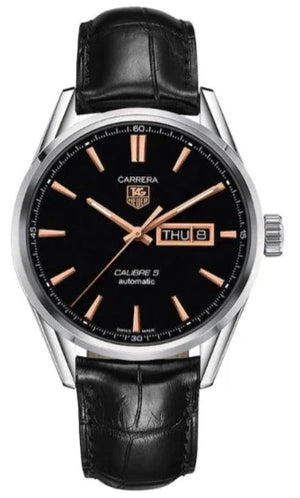 Tag Heuer Carrera Calibre 5 Automatic Black Dial Black Leather Strap Watch for Men - WAR201C.FC6266 Authentic Buy Shop Now