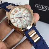 Guess Interpid White & Rose Gold Dial Blue Silicone Strap Watch For Women - W0325L8 Authentic Buy Shop Now