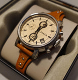 Fossil Original Boyfriend Sport Chronograph Beige Dial Brown Leather Strap Watch for Women - ES4046 Authentic Buy Shop Now