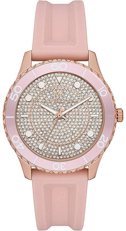 Michael Kors Runway Three Hand Crystal Pave Dial Pink Rubber Strap Watch For Women - MK6854 Authentic Buy Shop Now
