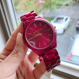 Michael Kors Slim Runway Red Dial Red Steel Strap Watch For Women - MK3895 Authentic Buy Shop Now