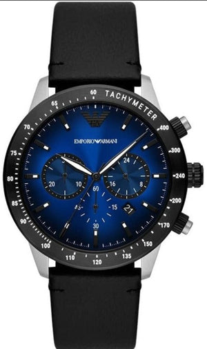 Emporio Armani Mario Chronograph Blue Dial Black Leather Strap Watch For Men - AR11522 Authentic Buy Shop Now