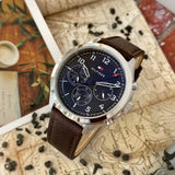 Tommy Hilfiger Asher Chrongraph Blue Dial Brown Leather Strap Watch For Men - 1791855 Authentic Buy Shop Now