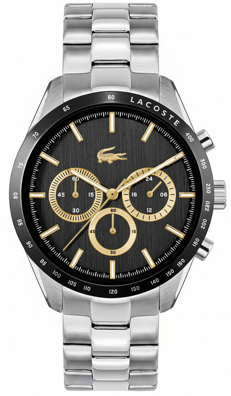 Lacoste Boston Chronograph Black Dial Silver Steel Strap Watch for Men - 2011272 Authentic Buy Shop Now