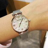 Emporio Armani Gianni T Bar Mother of Pearl Dial Silver Mesh Bracelet Watch For Women - AR2068 Authentic Buy Shop Now
