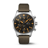 IWC Pilot's Watch Chronograph Black Dial Olive Green Calfskin Strap Watch for Men - IW377730 Authentic Buy Shop Now